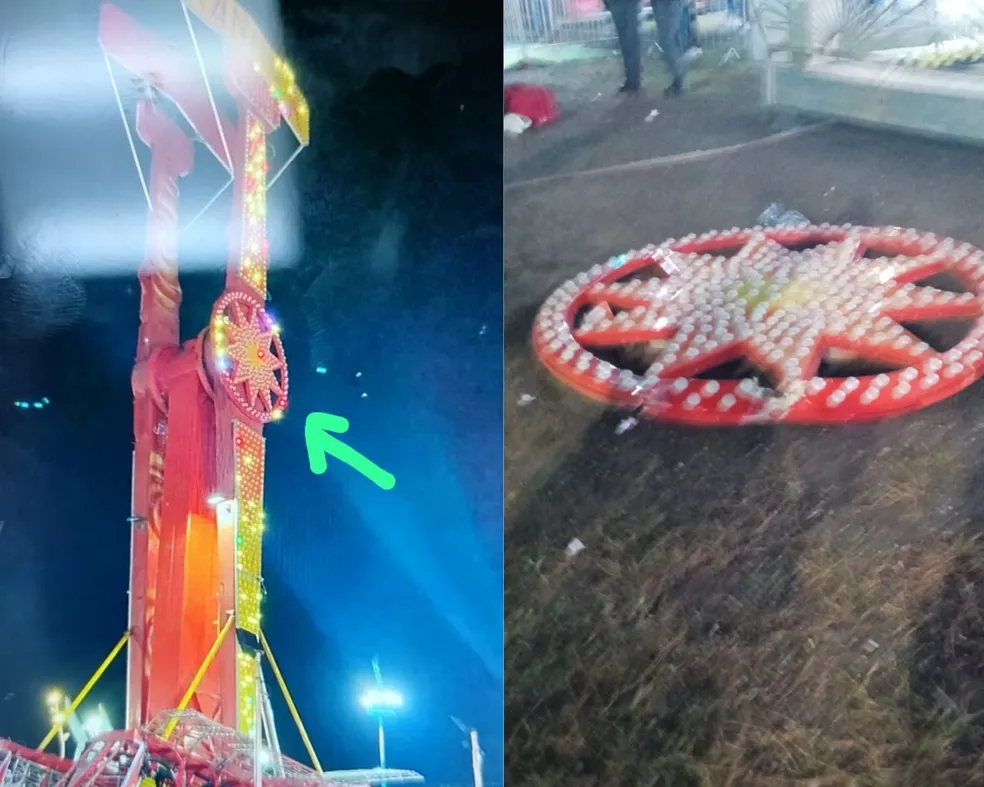 Acidente em parque de diversões deixa duas pessoas feridas após queda de peça de brinquedo