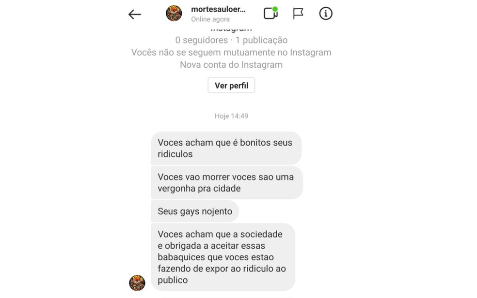 Perfil fake criado para ameaçar casal gay após anúncio de casamento, em Anápolis — Foto: Reprodução/Instagram