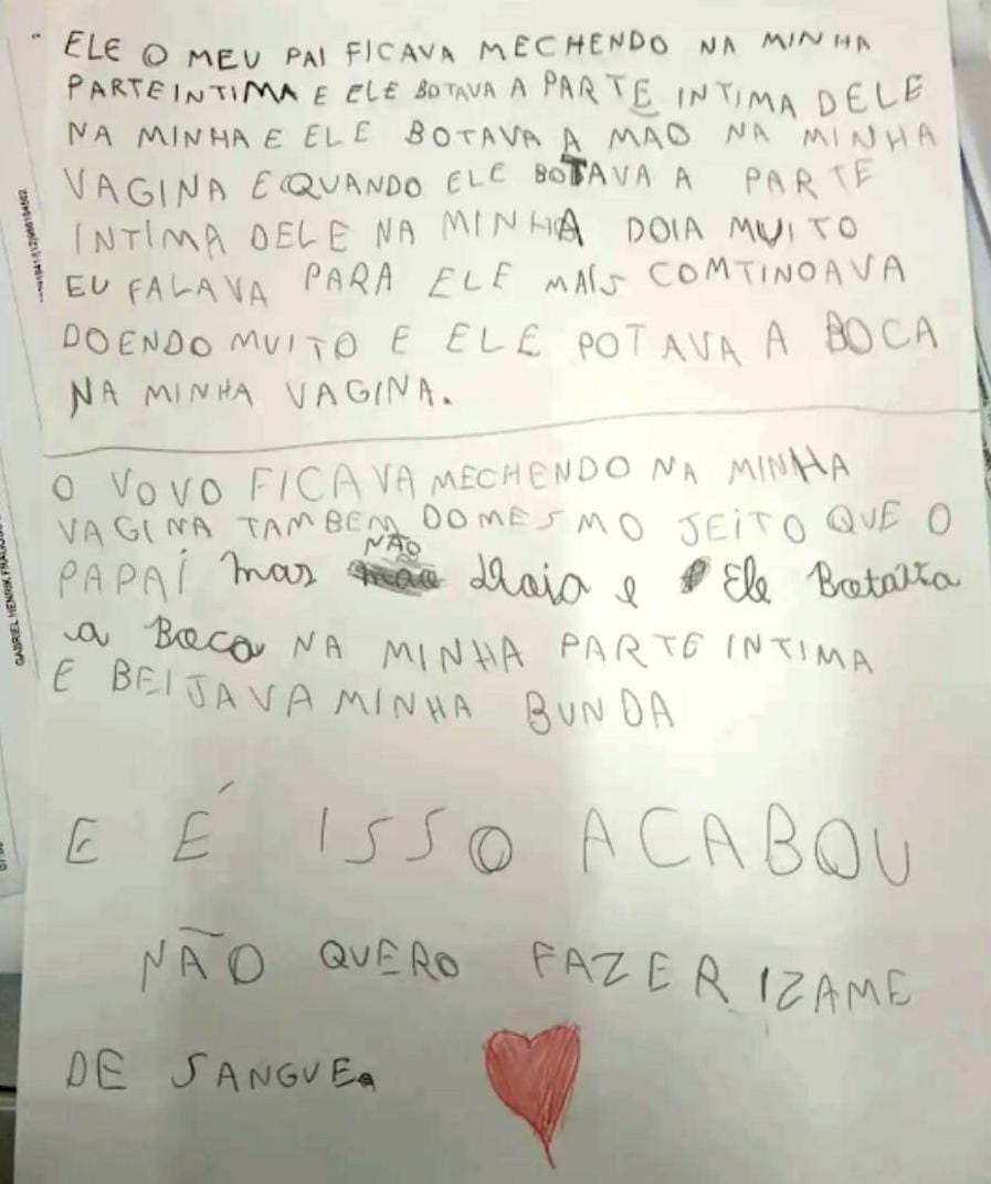 Menina de 9 anos escreve carta denunciando que foi estuprada pelo pai e avô