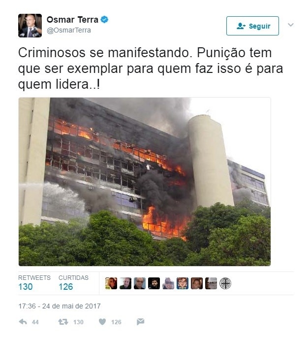 Ministro publica foto de incêndio de 2005 para criticar protesto desta quarta