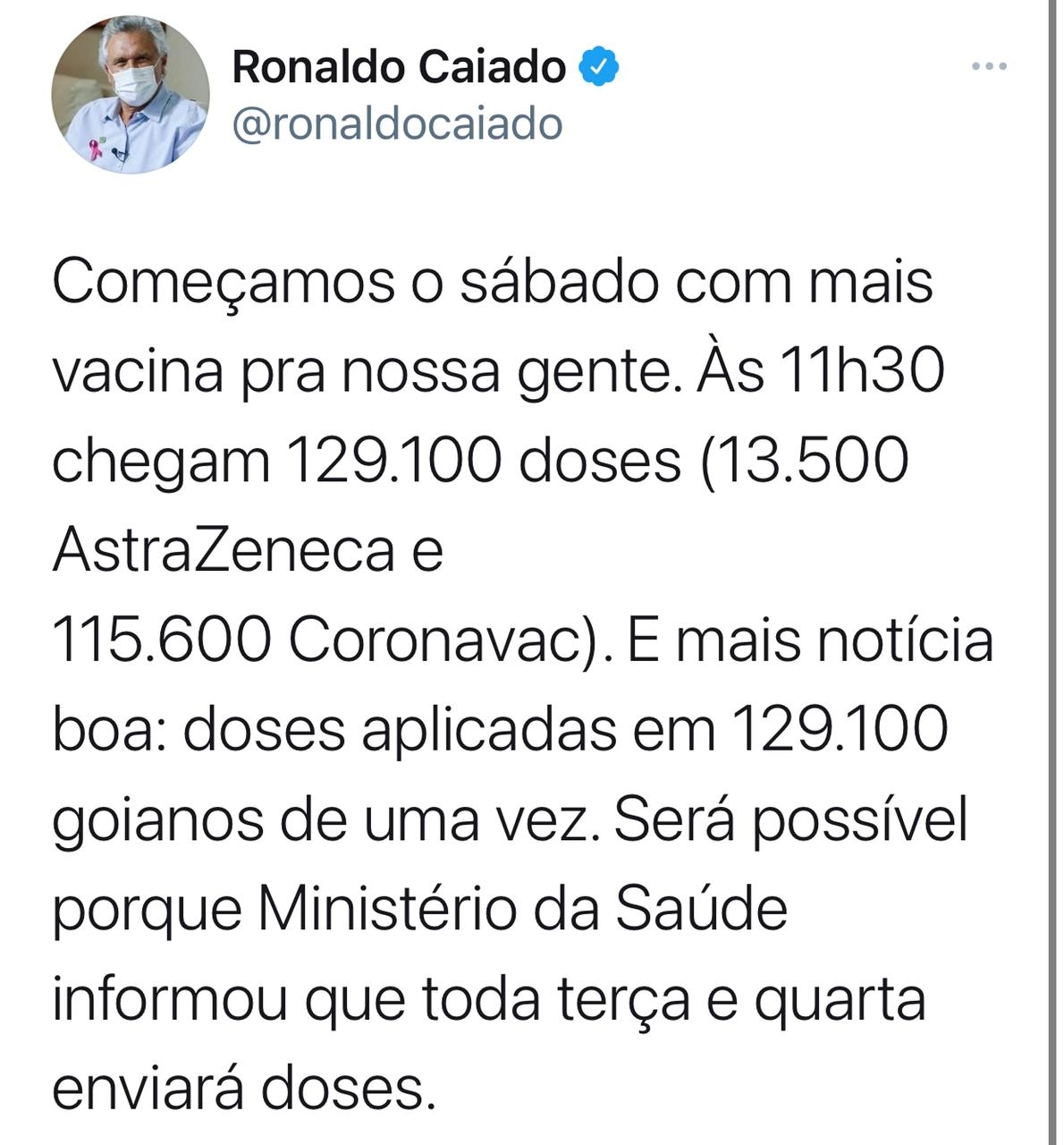 Caiado anuncia recebimento de doses da vacina