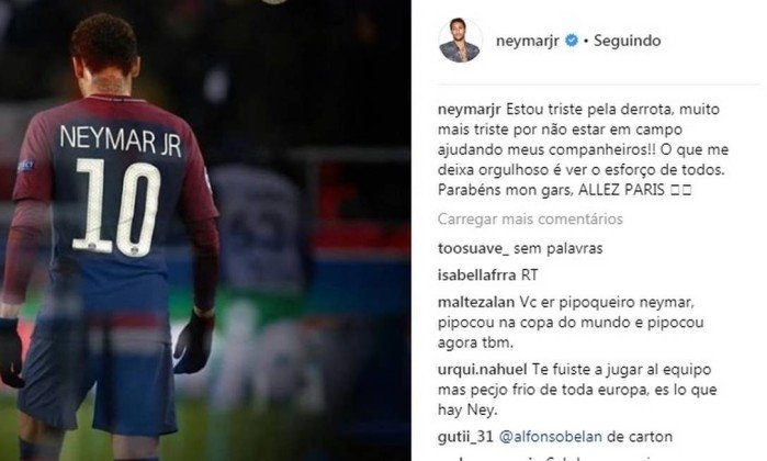 Neymar revela tristeza, mas também orgulho dos companheiros de PSG